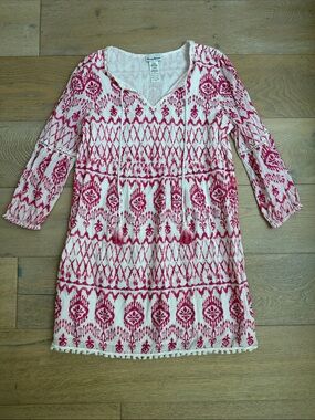 Tommy Bahama White Dress with Pink Ikat Pattern and Tassel Ties